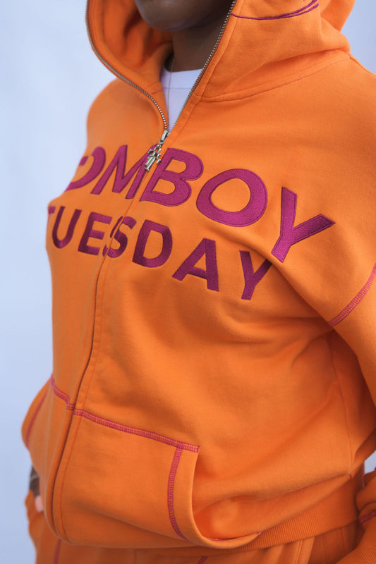 Orange and magenta hoodie with zipper detail