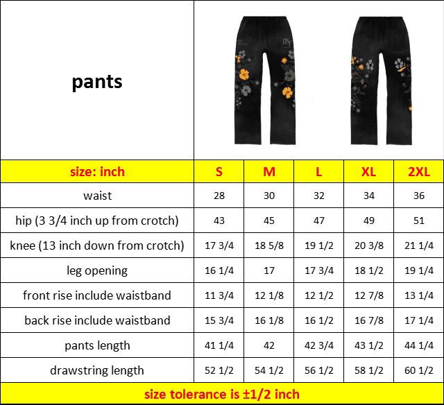 size chart for sweatpants